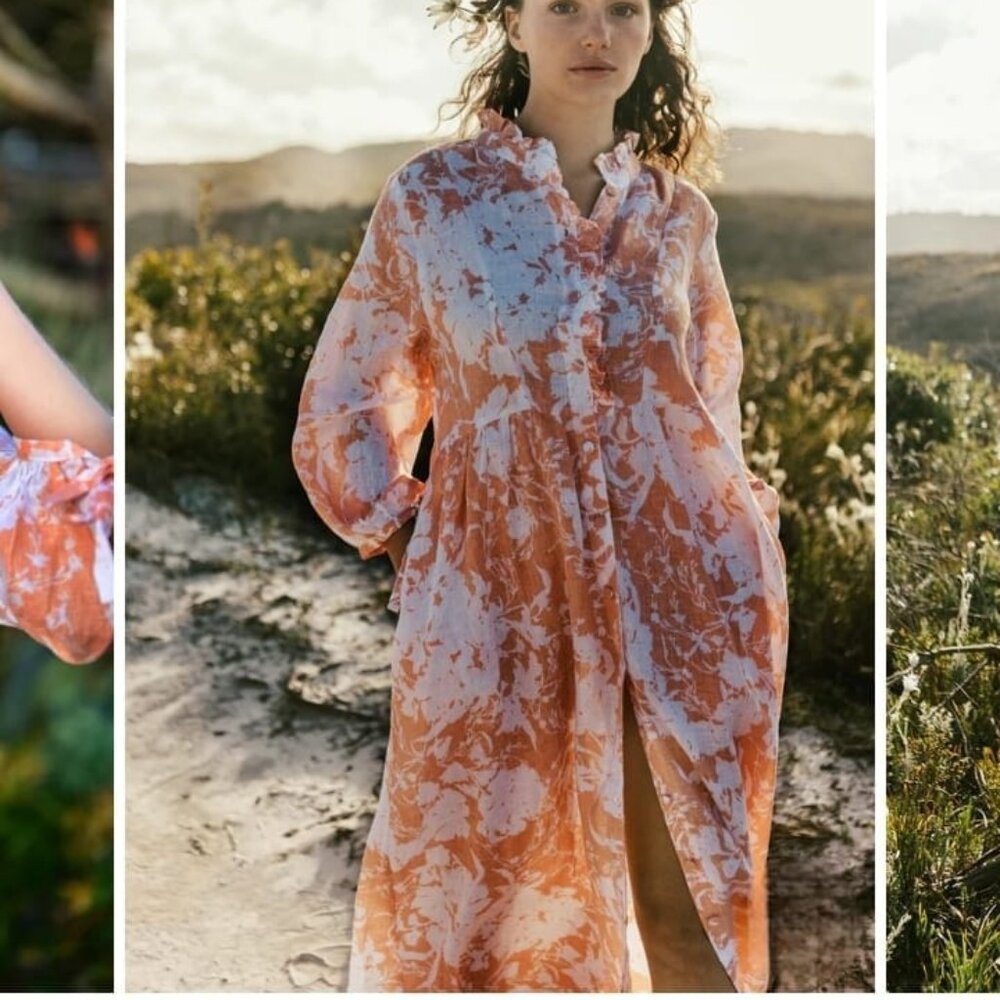 House of Lacuna Bobby Pure Linen Midi Dress in Peach Apricot Print Size Large